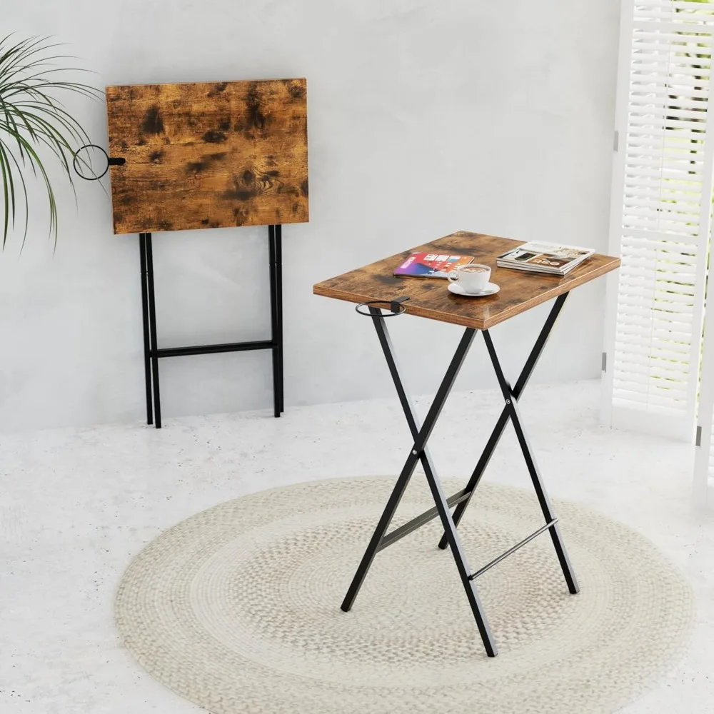 Set vassoi TV pieghevoli da 2 pezzi con portabicchieri, tavolo snack portatile per divano e piccoli spazi in marrone antico