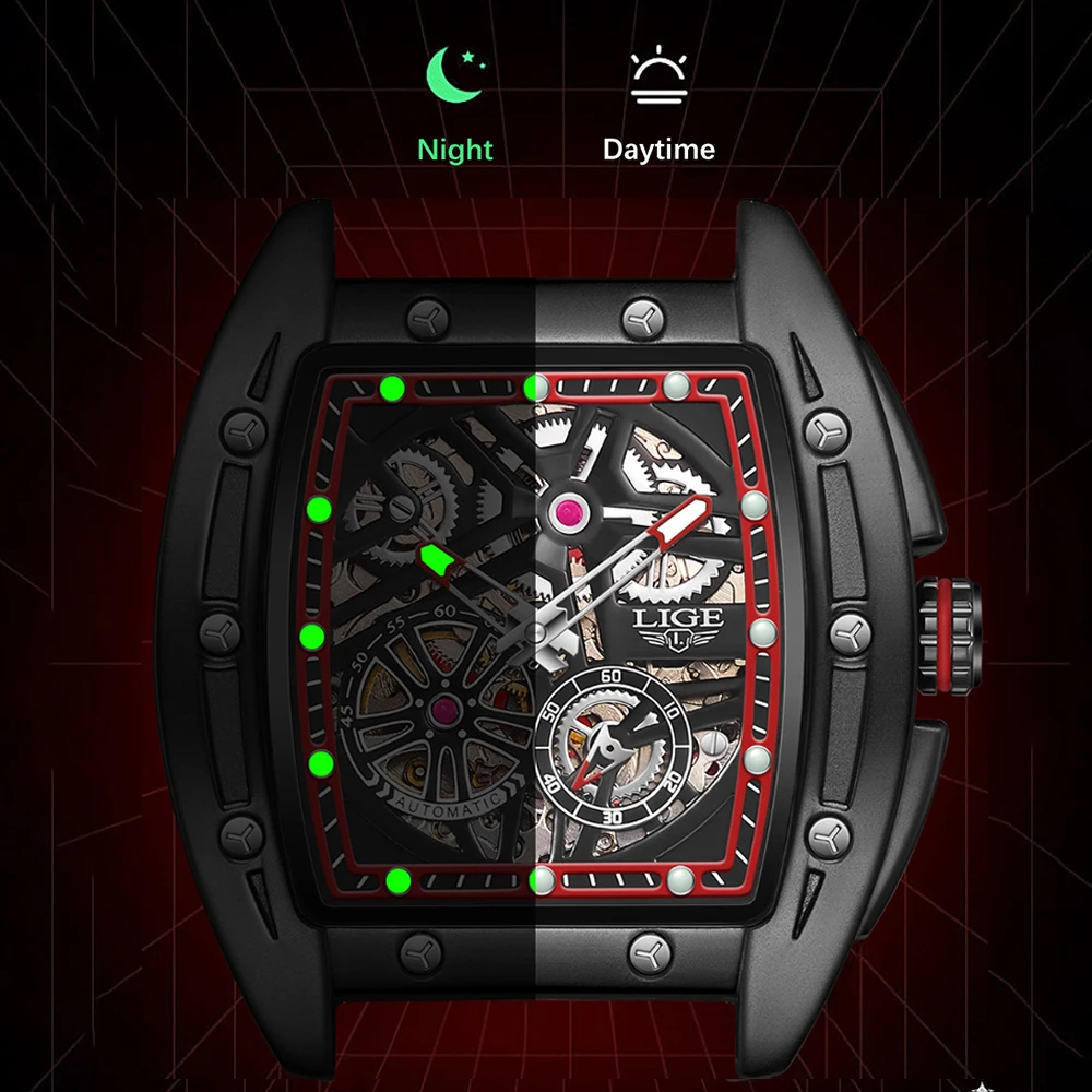 LIGE Relógios Mecânicos Automáticos para Homem Relógio de Luxo Homens Relógio de Pulso À Prova D 'Água Pulseira de Borracha Relogio Masculion Frete Grátis