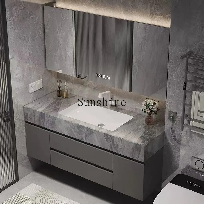 

Slate ceramic seamless basin solid wood bathroom cabinet combination bathroom washstand