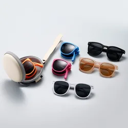 Korean Children Round Foldable Sunglasses  Fashion Sun Glasses Cute Boys Girls Colorful Shades with Case