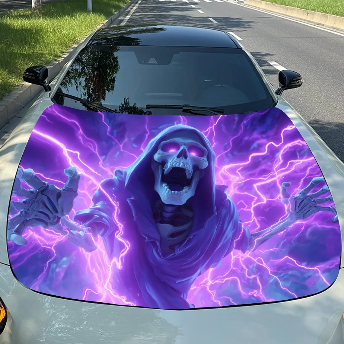 

Purple Lightning Skull Car Hood Decal Sticker - Durable PVC Vinyl Wrap For Most Vehicles, Engine Hood Protective Film Gift For C