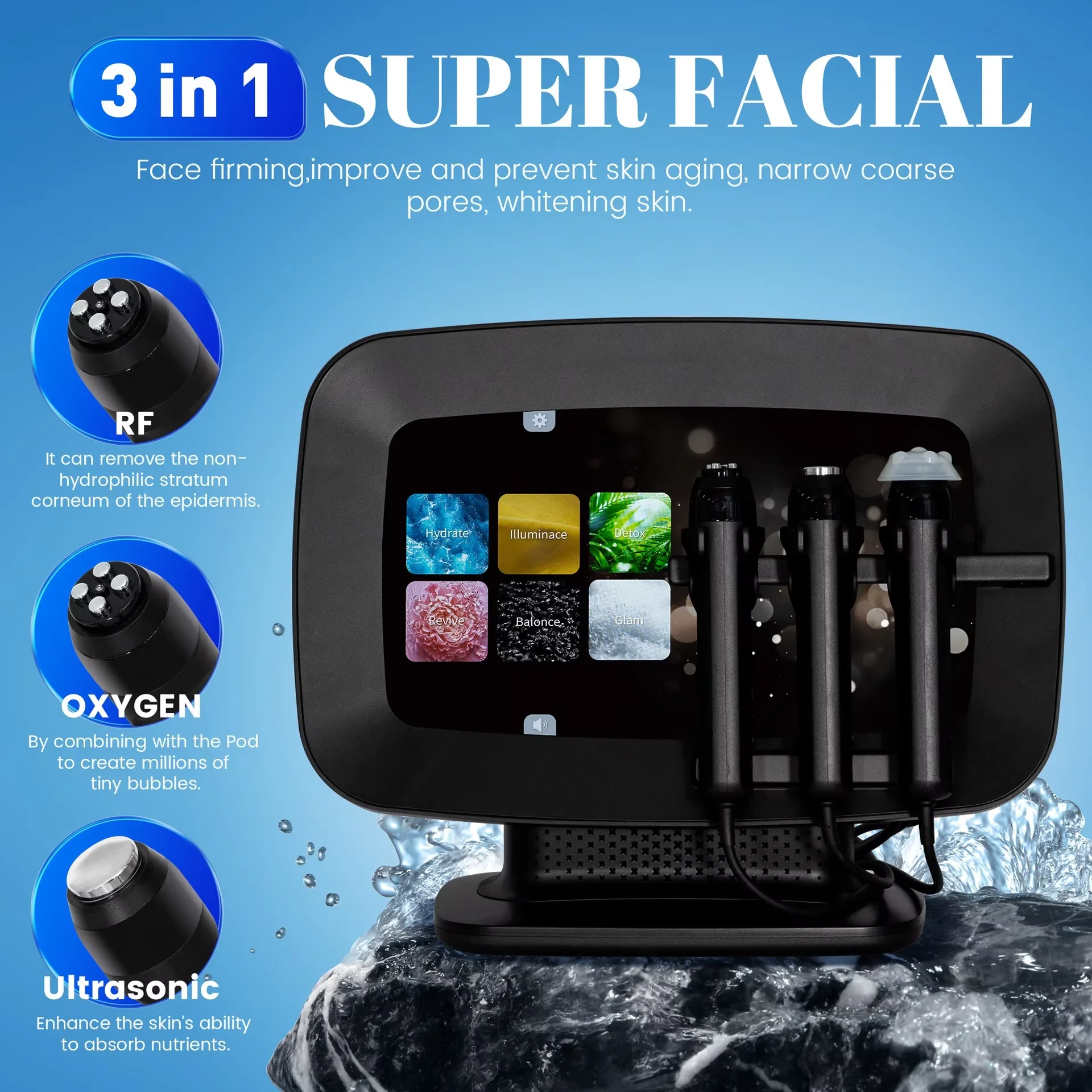 3-in-1 1000W Oxygen Facial & Body Massage Machine with CO2 Bubble Technology Compatible Skin Care Device