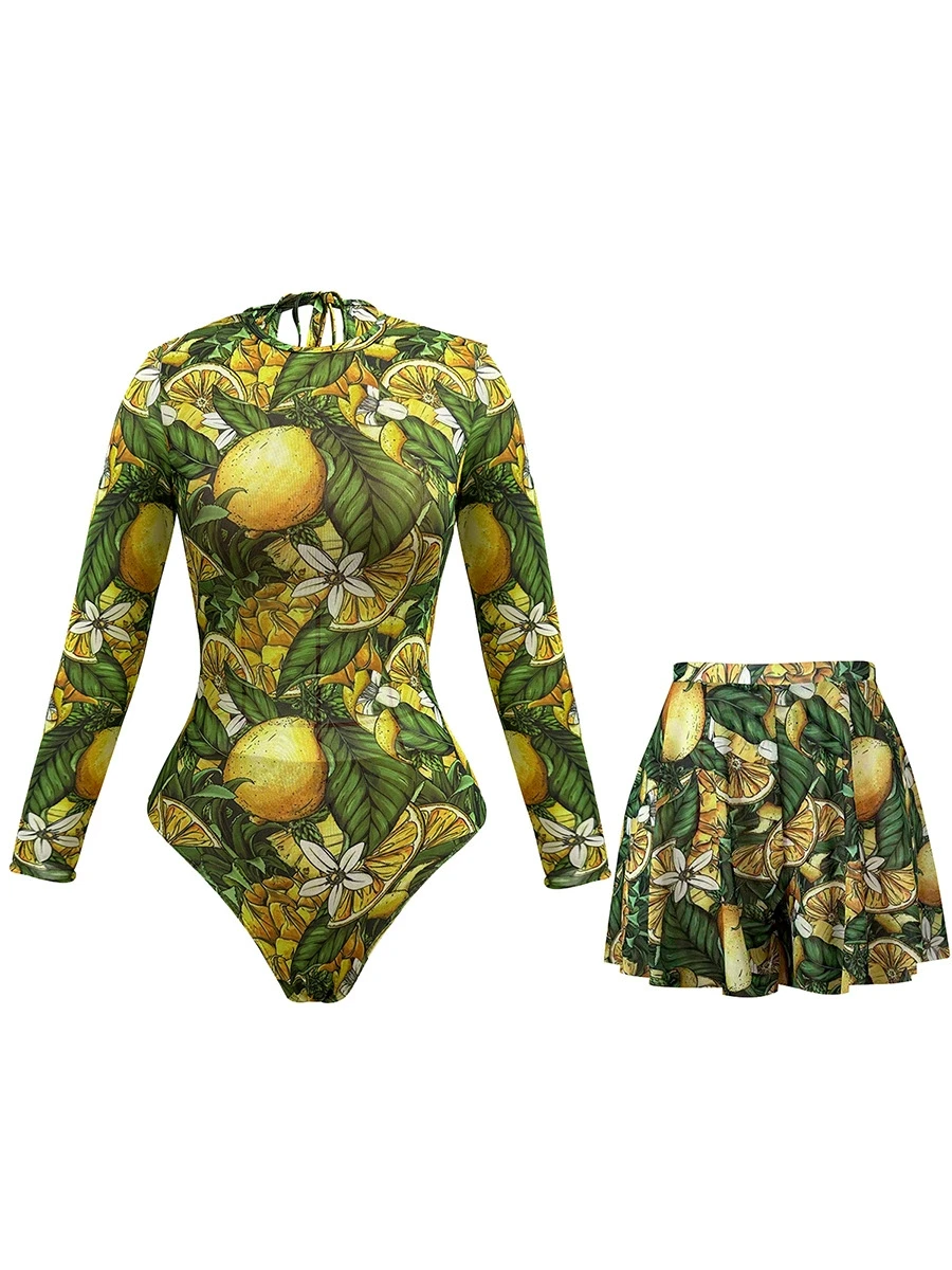 2026 New UPF50 Sheer Rash Guard Green Lemon One-Piece Swimsuit With Short Pants Women Sexy Sun Protection Swimwear Beachwear