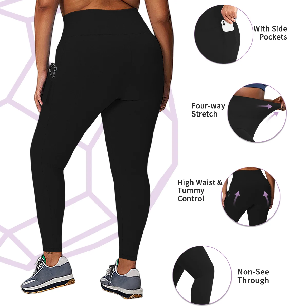 Leggings de yoga grande taille avec poches pour femme, pantalon d'entraînement doux en spandex, taille haute, lot de 3