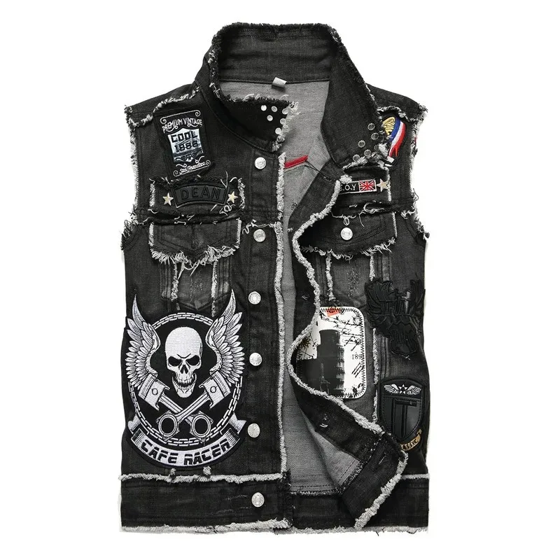 

Осенняя мужская джинсовая куртка в стиле панк, черная мотоциклетная куртка с нашивкой, вышивкой, черепом и заклепками