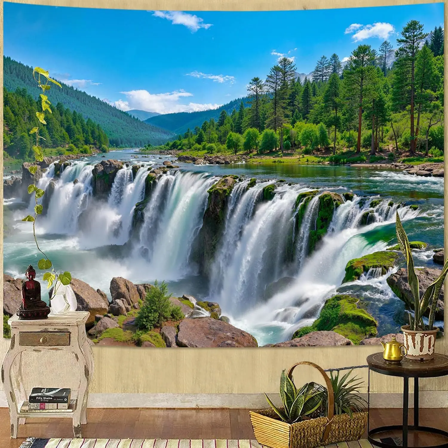 Nature Forest Green Tree Tapestry Aesthetic Stream Pool Landscape Wall Hanging for Bedroom Living Room Dorm Boho Home Decor Art