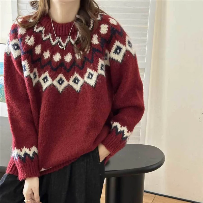 Deeptown Vintage Fair Isle sweter wanita Korea Fashion lengan panjang rajutan pullover longgar musim gugur musim dingin Preppy Argyle Jumper