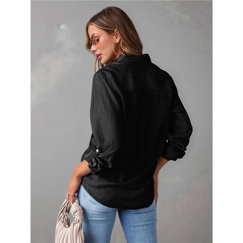 AOAO-Women Button Down Denim Shirts Casual Long Sleeve V Neck Chambray Blouse Top