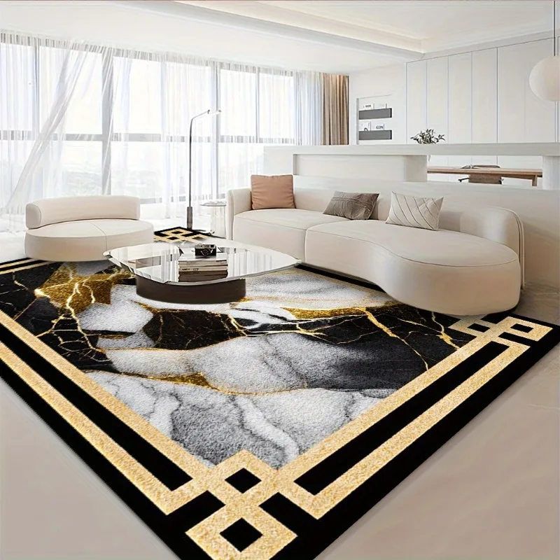 Soft Modern Luxury Marble Texture Area Rug Black Gold White Abstract Geometric Border Carpet for Living Room Bedroom Home Decor