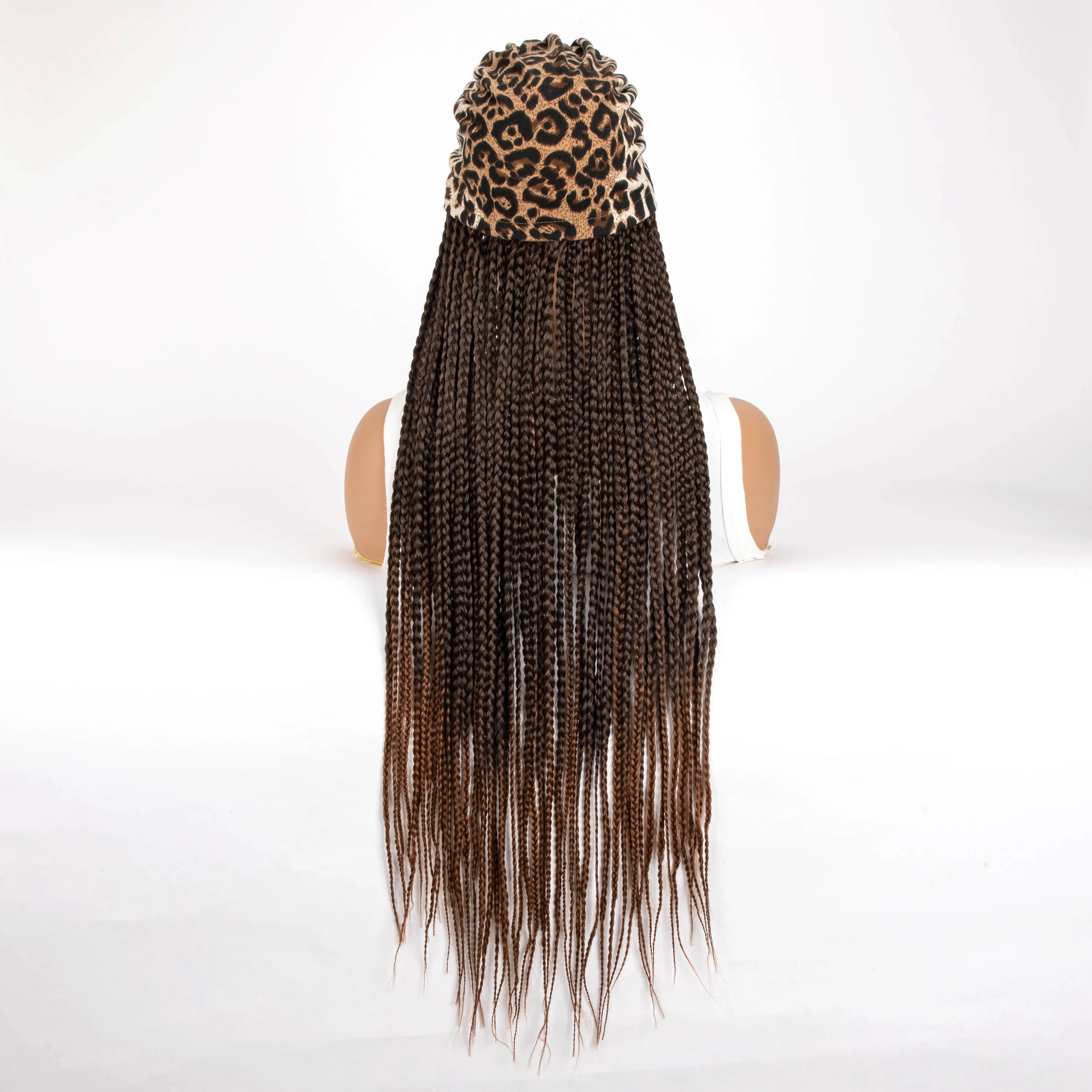 Long 24Inch Synthetic Ombre Black Brown Braided  With Leopard Print Headband Turban Braiding Hair Extensions Wig For Black Women