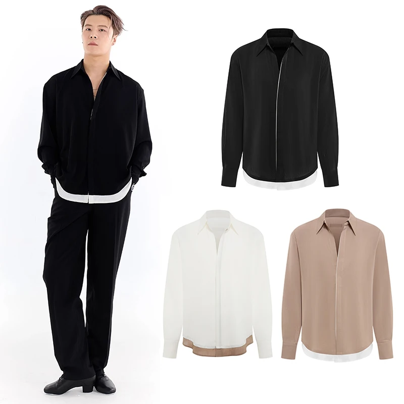 2025 camisa de baile latino estándar nacional uniforme de práctica de baile latino para hombres Top de manga larga ropa de práctica de uso diario DN22019