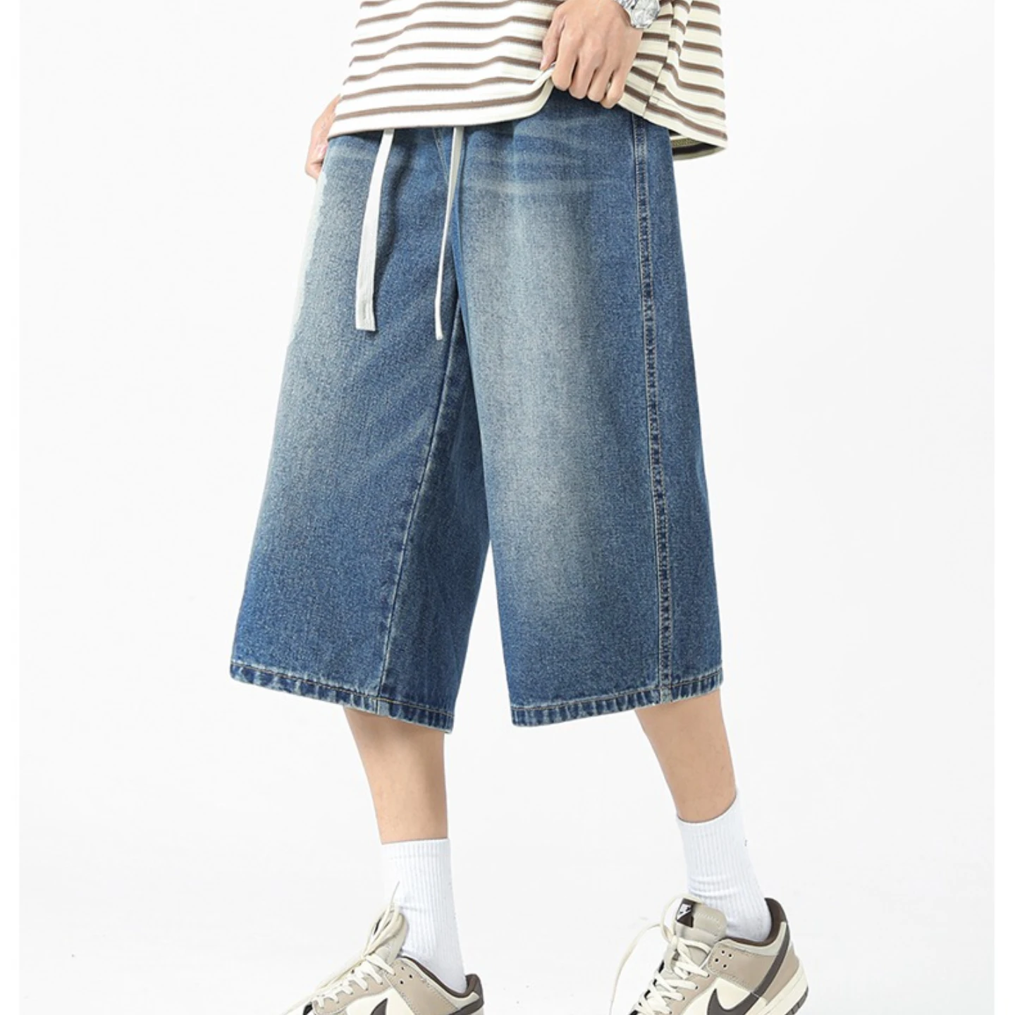 Men's Summer Cotton Jeans Loose Wide Leg Straight Casual Breathable Retro Blue Black Denim Shorts 3/4 Shorts Men High Street