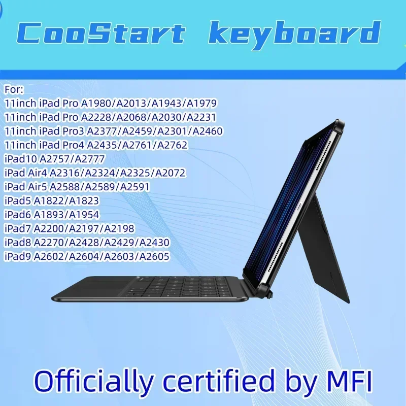 Coostart mfi zertifiziertes 11-Zoll-Tastatur-Folio mit direkter Verbindung für das iPad, gemeinsamer Akkus tand, schwarz