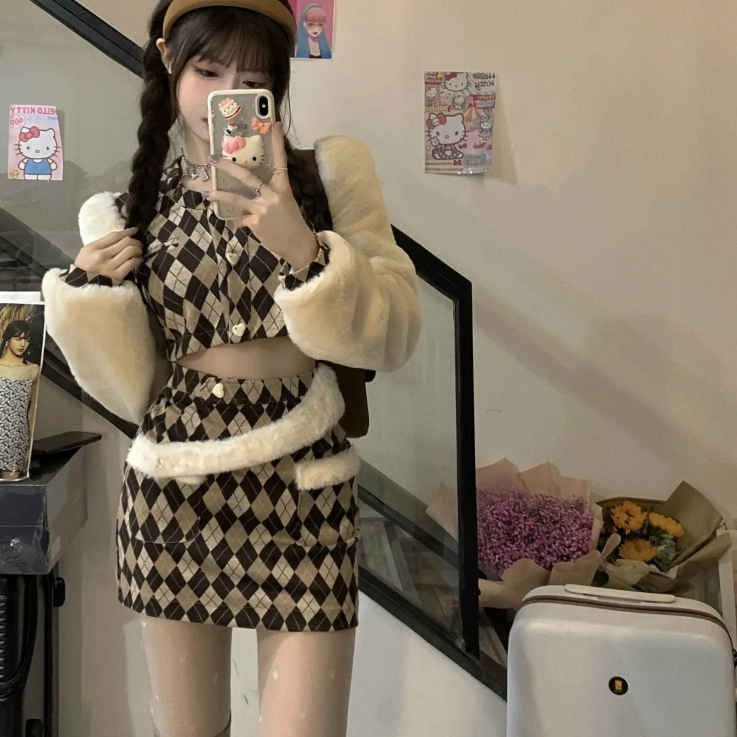 

Single Piece/Two Piece Set Houndstooth Splicing Long-Sleeved Top Short Hip-Covering Skirt Women 2024 Autumn Awinter New Set