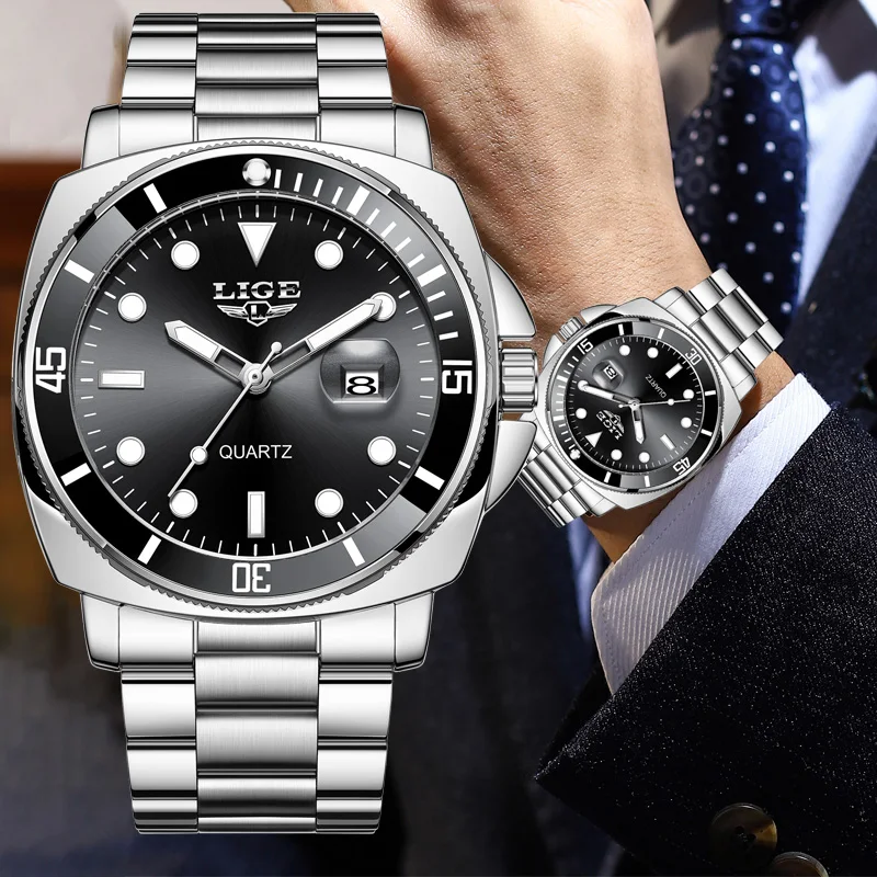 

LIGE Роскошные мужские деловые часы мужские серебряные кварцевые часы из нержавеющей стали мужские светящиеся часы водонепроницаемые часы для мужчин часы