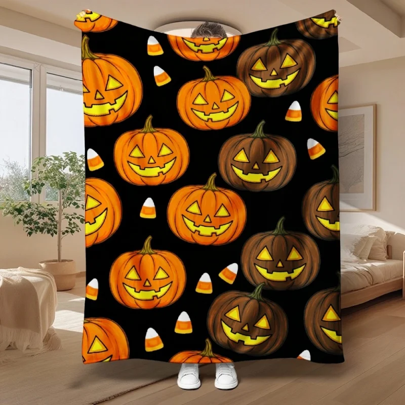 Halloween Jack O Lantern Patchwork Flannel Throw Blanket, Maple Leaf Houndstooth Print Warm Soft Blanket, Holiday Home Decor