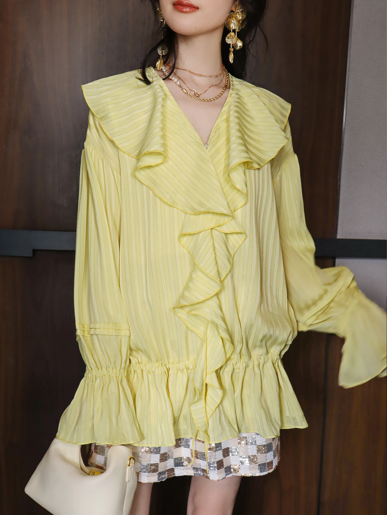 

Gentle V-Neck Shirt Dress with Pleated Waist Lantern Sleeve Striped Drawstring Women's Fashion Soft Style Polyester Fiber