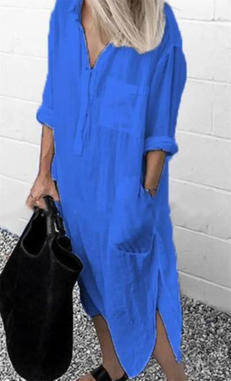 Plus Size Summer Women\'s Solid Shirts Dress Elegant Casual Split Button Pocket V-Neck Long Sleeve Lined Long Dress Vestido Robe