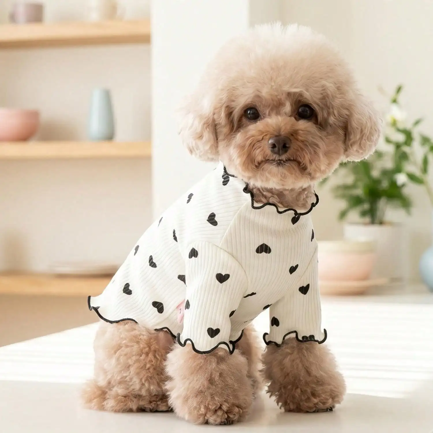Geripptes Haustier-T-Shirt mit Herz- und Schleifendruck und Rüschenbesatz für kleine Hunde und Katzen – Detail 18