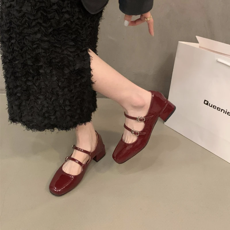 Mary Jane Shoes for Women 2024 Retro Medium Heel Women\'s Single Shoes Fashion Gloss Soft Comfort Ballet Shoes Zapatos De Mujer