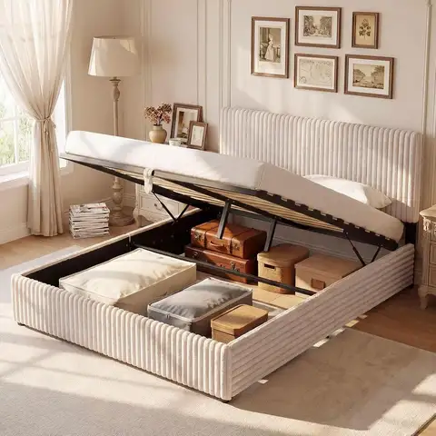 Queen Size Corduroy Upholstered Platform Bed with Wingback Headboard, Hydraulic Lift Storage, No Box Spring Required (Beige)