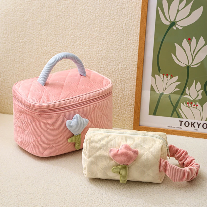 Cute Corduroy Makeup Storage Bag Portable Travel Cosmetic Tulip Pouch Toiletry Organizer Large Capacity Flower Pattern Bags