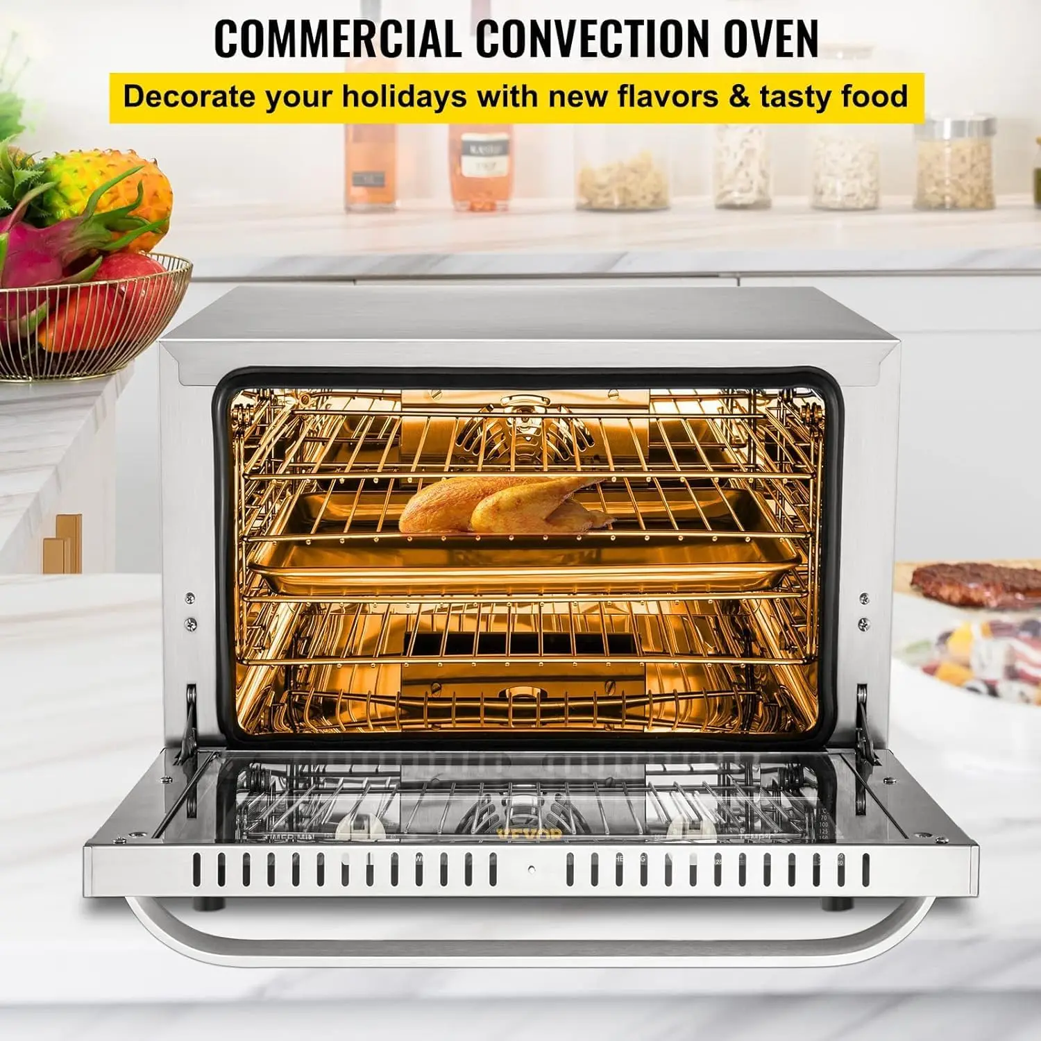 Commercial Convection Oven, 66L/60Qt, Half-Size Conventional Oven Countertop, 1800W 4-Tier Toaster w/Front Glass Door, w/Trays