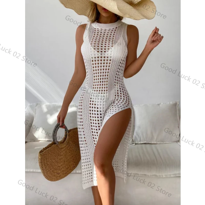 

2025 женский ажурный крючком купальник без рукавов, бикини, платье, халат с разрезом, сексуальный пляжный трикотаж, однотонный купальник