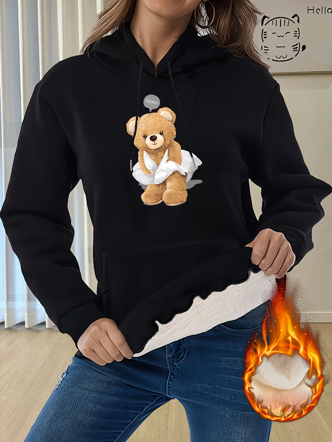 

Women's casual bear cartoon print winter warm wool cashmere lining hooded sweatshirt thick pullover with pockets.