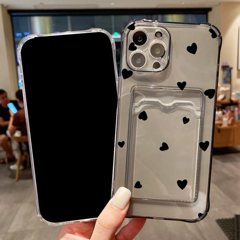 Hülle für iPhone 18 17 16 15 14 13 12 11 Pro Max Schwarz Weiß Herz Transparente Handyhülle für iPhone 16 Plus Brieftasche Kartenfach Hülle – Detail 3