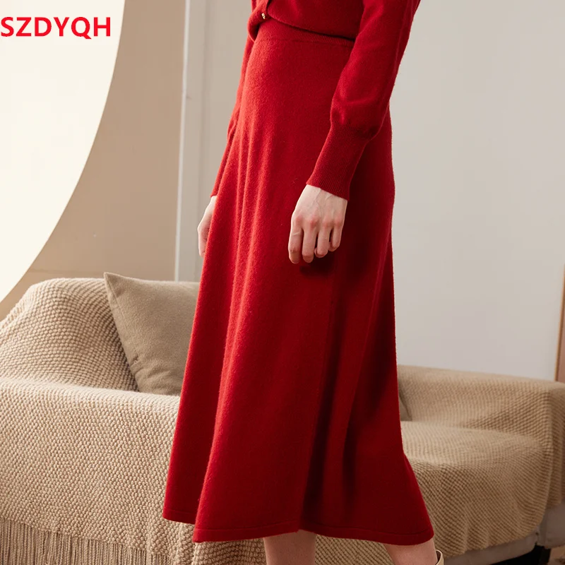 

2023 New Autumn and Winter 100% Cashmere Knit Skirt Women's High Waist Skirt Female Fashion Soft A-LINE Skirt Girl Clothes