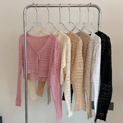 Bolero Cardigan Women Long Sleeve Tie Front Openwork Crop Shrug Top Lightweigh Cover Up Teen-girl Spring Summer Y2K 90s Outfit