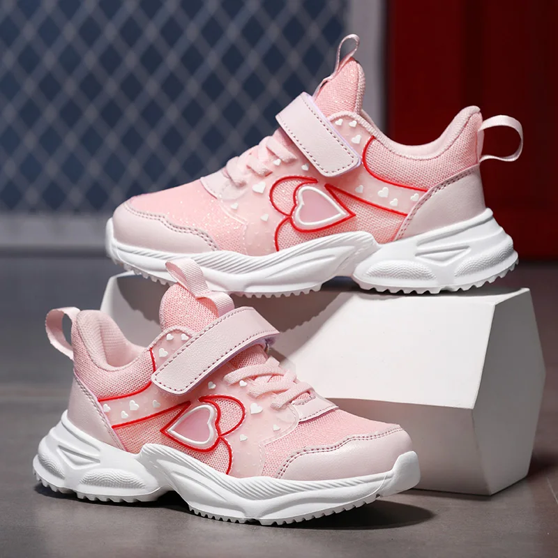 

Lovely Girls Pink Running Shoes Breathable Mesh Children's Athletic Sneakers for Student School Sports Walking Chunky Sneakers
