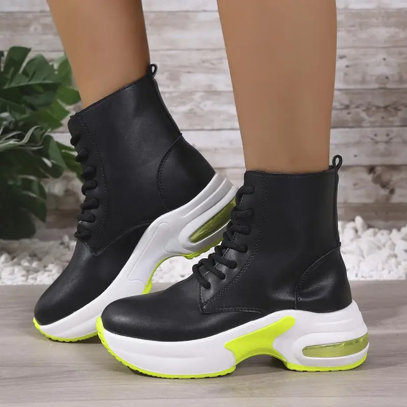 

Fashion Thick Bottom Air Cushion Ankle Boots Women 2025 Winter Round Toe Wedge Heel Lace Up Boots Soft Chunky Platform Booties