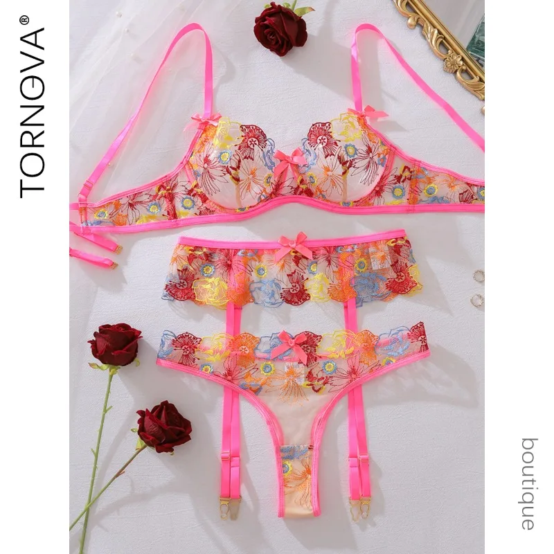 

Tornova Delicate Erotic Lingerie Floral Embroidery Mesh Gather Together Pure Desire Premium Sexy Intimate Underwear Split Kit