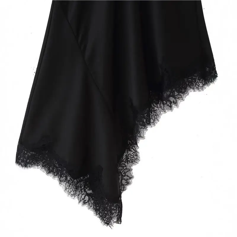 Outono 2025 feminino transfronteiriço seda cetim renda aparada Strapl Dr midi saia com bainha assimétrica Ele Faion