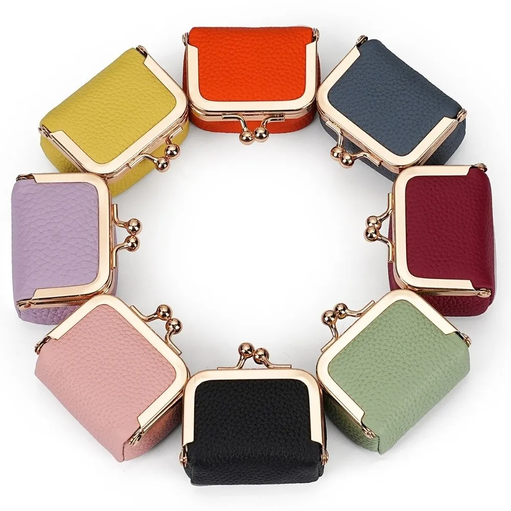 Simple Genuine Leather Kiss Lock Coin Purse Solid Color Square Leather Jewelry Bag Mini Multifunctional Small Item Bag Earphone