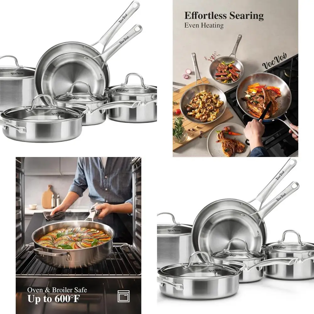 

10-Piece Stainless Steel Cookware Set with Triple-Layer Base, PFOA-Free, Suitable for All Cooktops, Including Induction