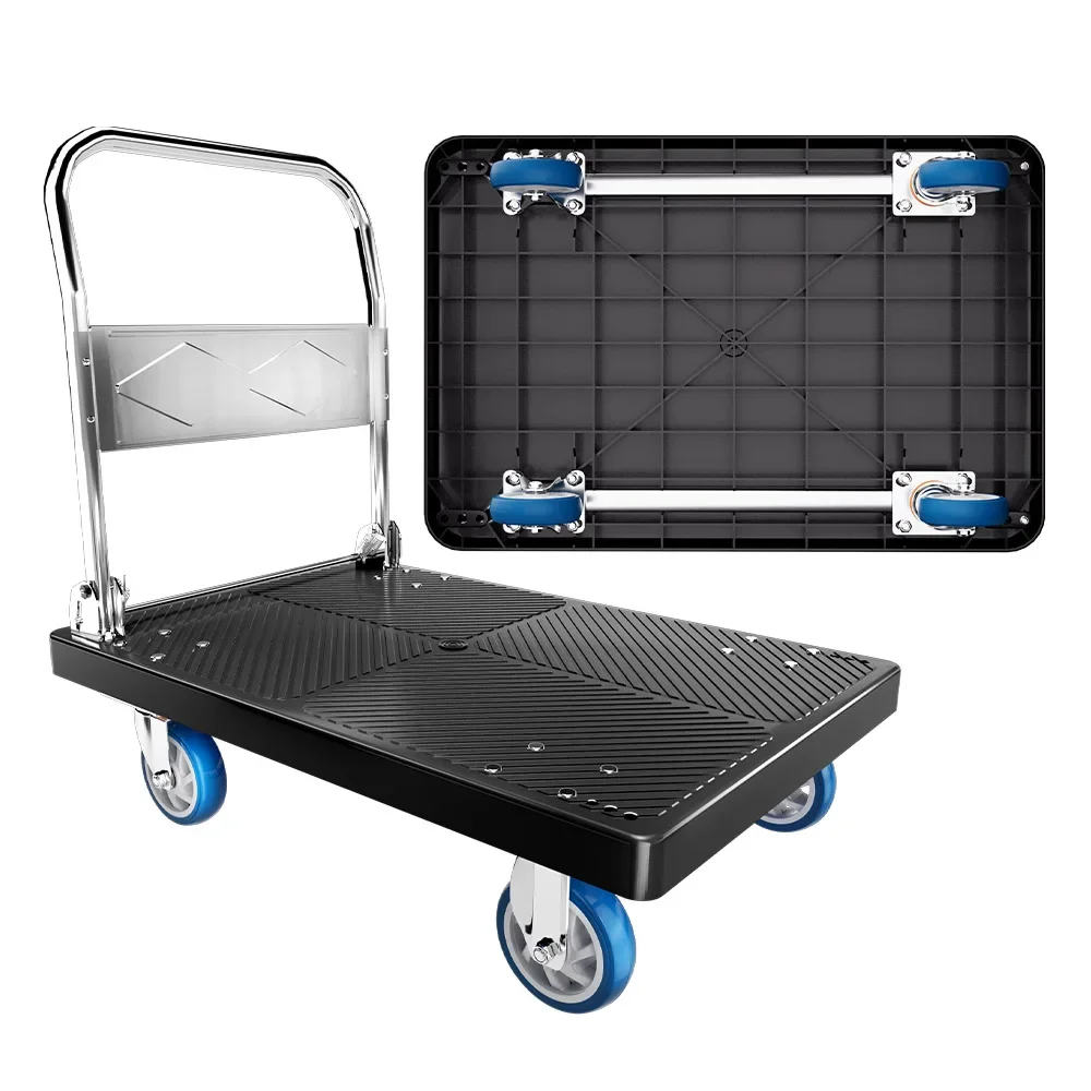 Portable 90*60cm  Load Capacity 500kg Black Plastic Platform heavy duty Hand Trucks Trolley Carts for Warehouse