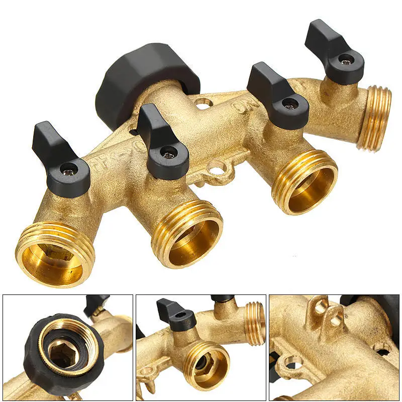 

3/4 Inch 4-Way Brass Garden Hose Splitter Garden Tap Y-Type Watering Connector Distributor for Outdoor Faucet Valves Adapter