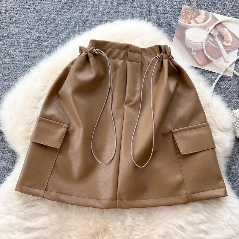 High Street Drawstring Pleated Half Skirt Spring Autumn New Solid All-match Casual A-line Skirt Vintage Trend Women Clothing