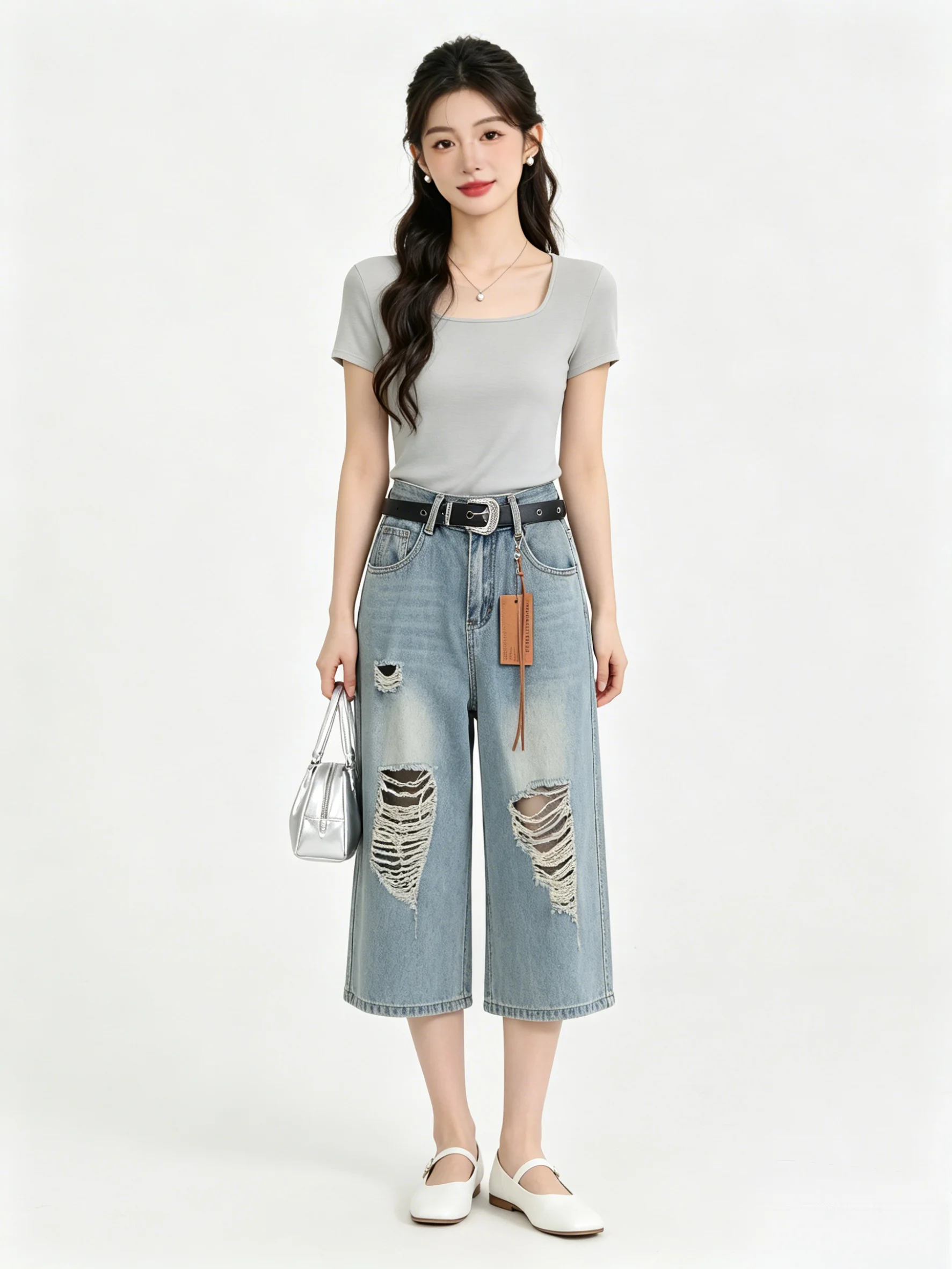 

High Waist Wide Leg Denim Jeans Women's Summer Washed Outdated Torn Casual Slimming Versatile Korean Style Loose Fit Jeans