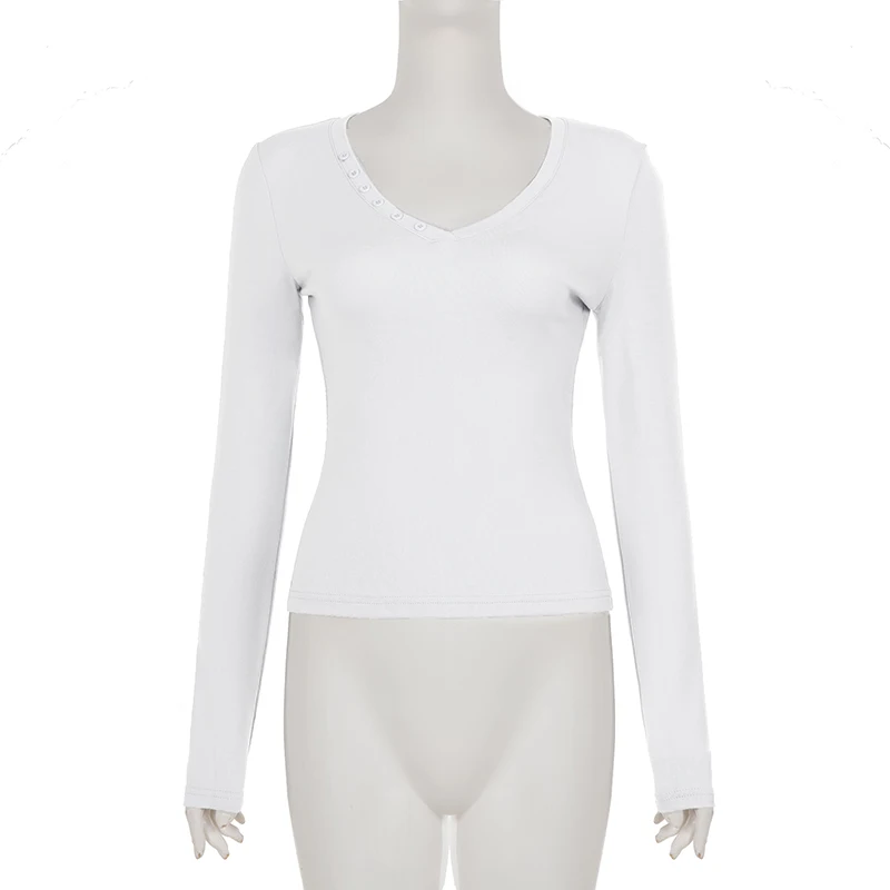 SUCHCUTE Retro Y2K Basic Damen Langarm-T-Shirt mit tiefem V-Ausschnitt, Knopfleiste, schmaler Passform, einfarbig, kurz geschnitten, Streetwear, lässiges Oberteil, neu. – Detail 5
