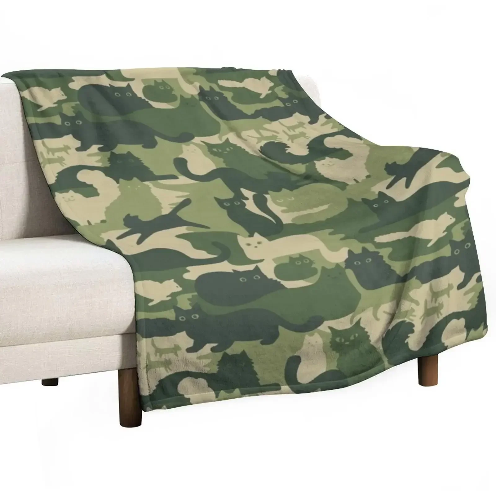 Camouflage Pattern with Cats | Green Cat Camo Throw Blanket halloween Luxury Designer sofa bed for winter Blankets