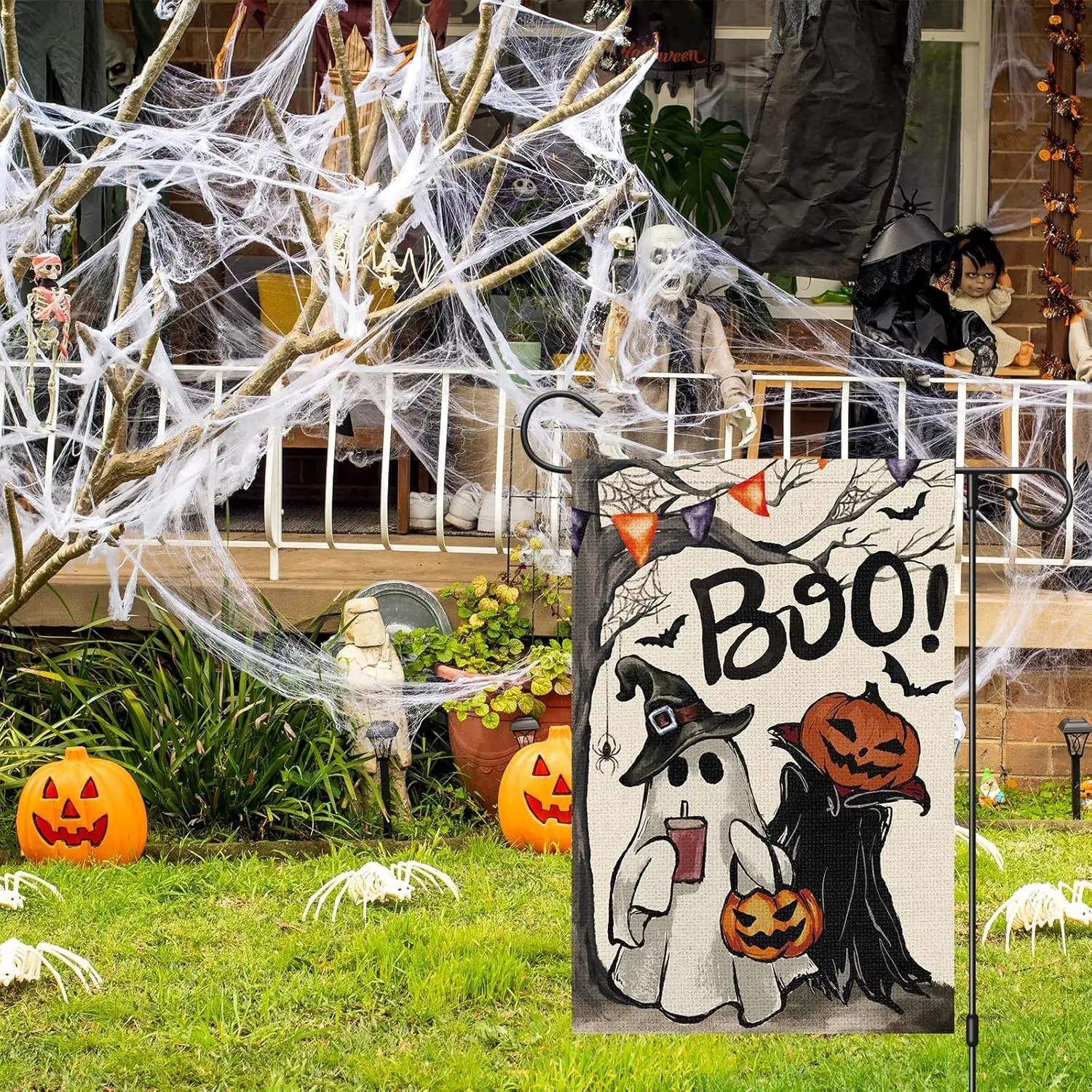 Halloween Garden Flag 12x18 Inch Double Sided for Outside, Small Burlap Boo Ghost Pumpkin Yard Flag Holiday Outdoor Decorations