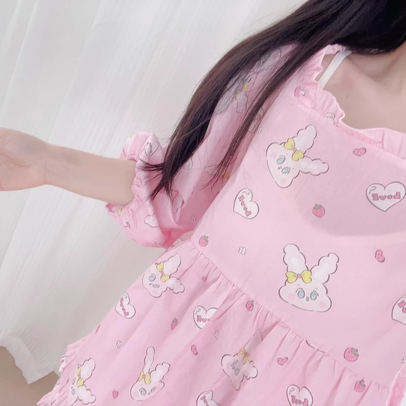 New Pink Cotton Women's Pajamas Short-sleeved Shorts Sets Animal Print Sweet Cute Age Reduction Comfortable Nightgown Ladies