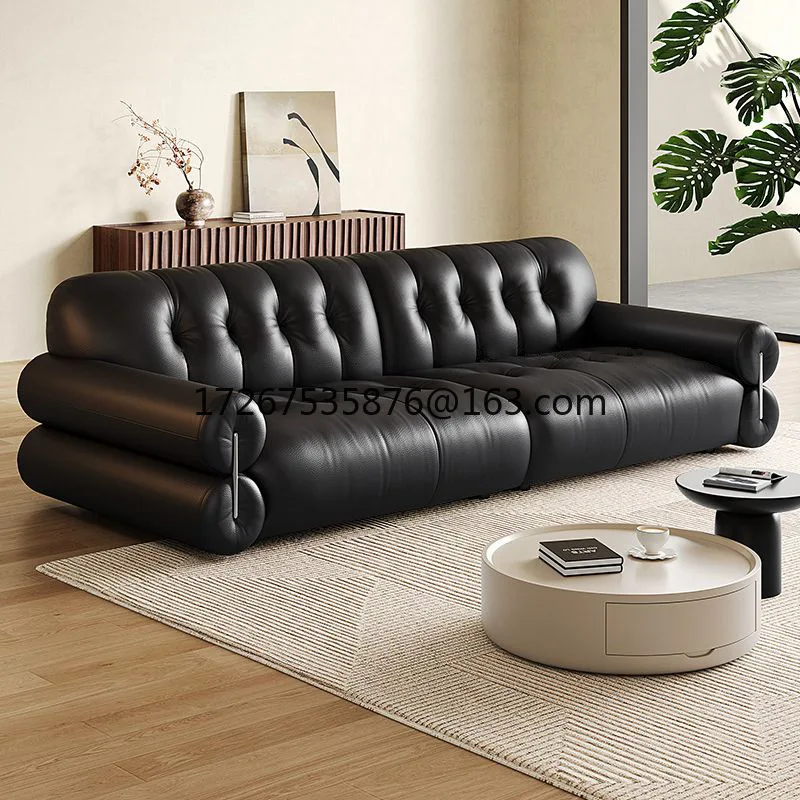 

Sofa Italian cloud French leather sofa top layer retro living room black small apartment cowhide straight row light luxury