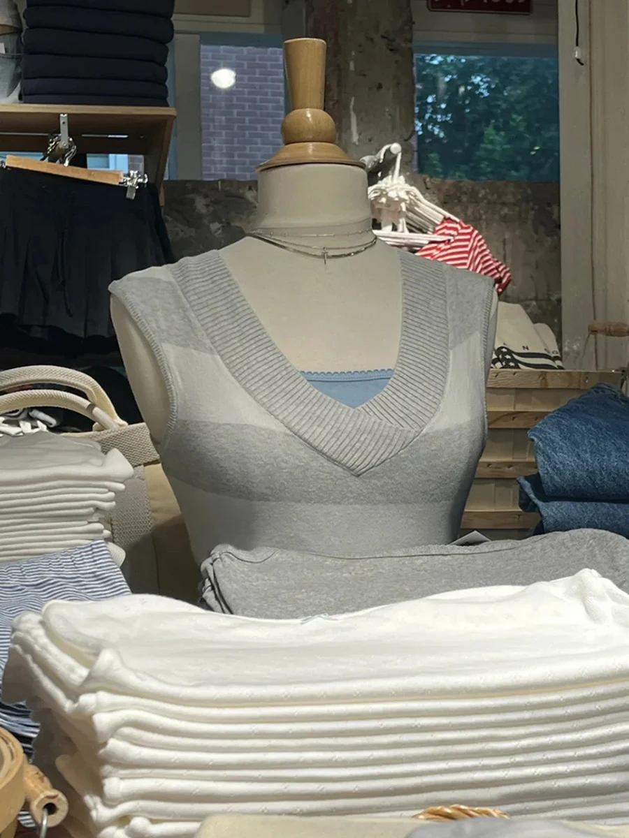 

Vintage Striped Knitted Tank Tops Women Autumn New Ribbed V-neck Cotton Slim Sweater Vest Female Casual Sweet Sleeveless Top Y2k
