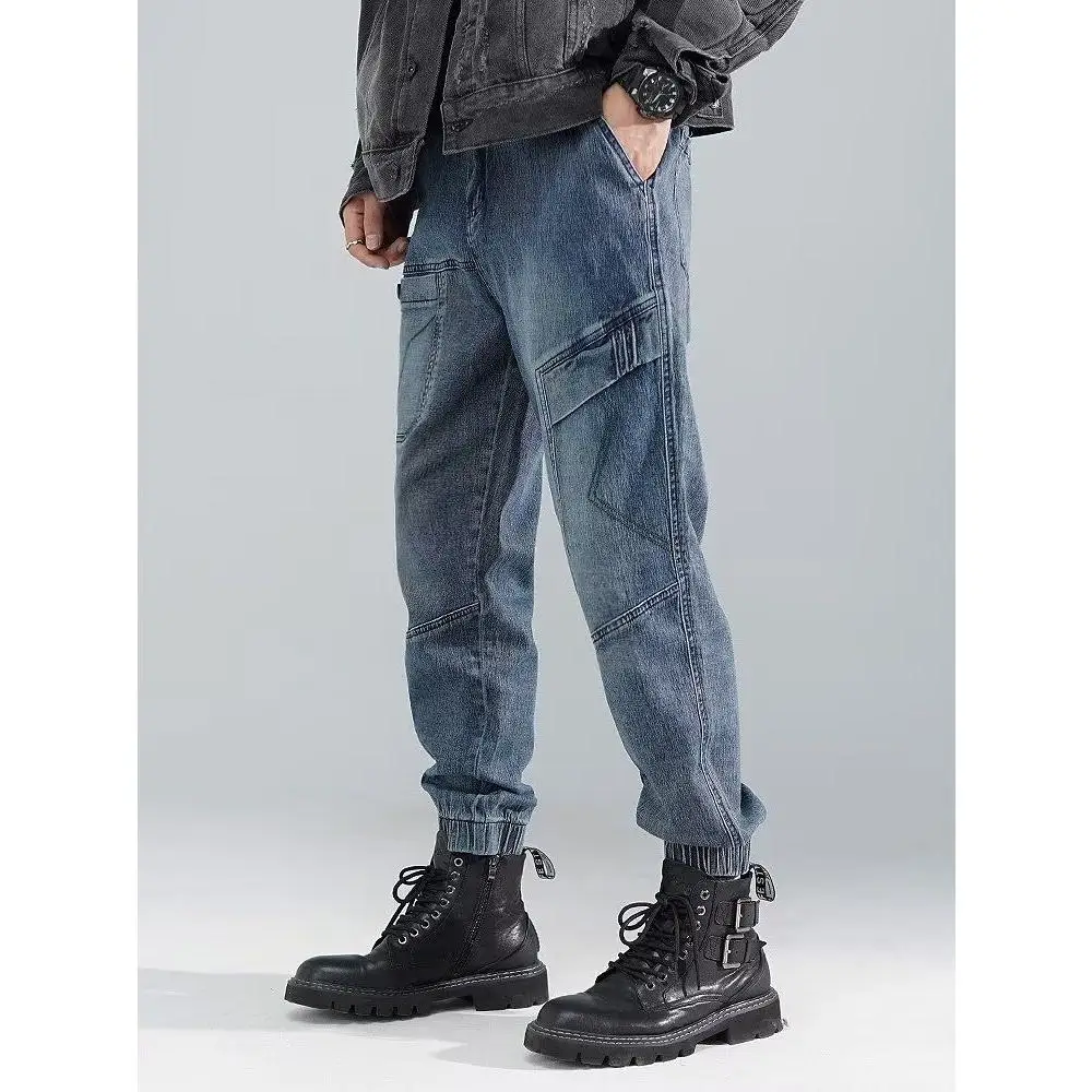 

Мужские джинсы в стиле ретро, модные брюки-шаровары, весенне-осенние синие брюки-харланы, эластичные, облегающие, молодежный стиль