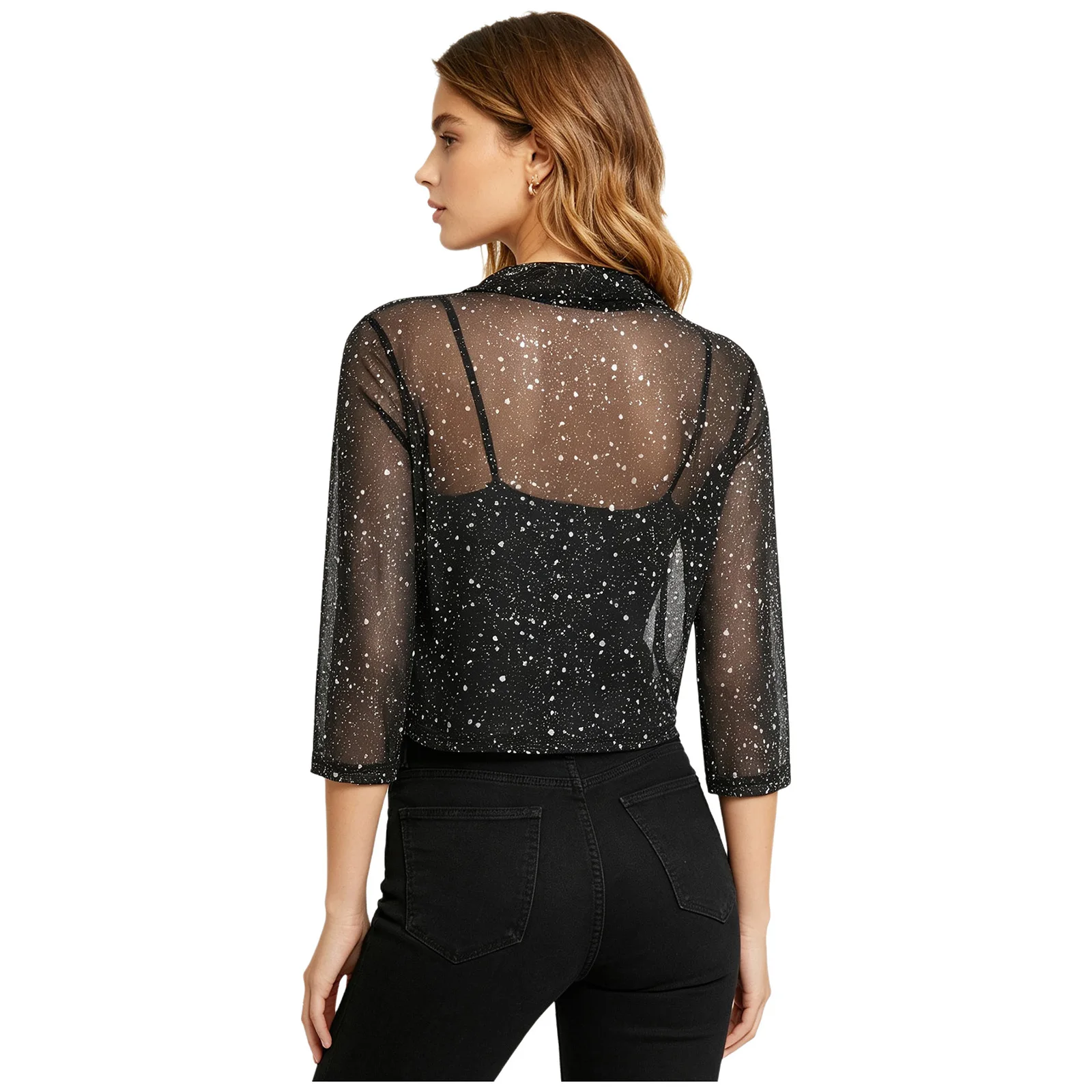 Women Sheer Mesh Bolero Metallic Shiny Blazers Spots 3/4 Sleeve Open Front Curved Hem Crop Cardigan Shrugs Shawls Jacket Coat